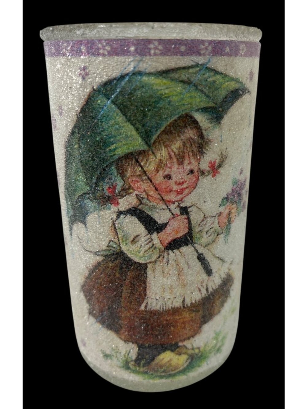 Vintage Glass Tumbler With Hummel-Style Child & Umbrella Design